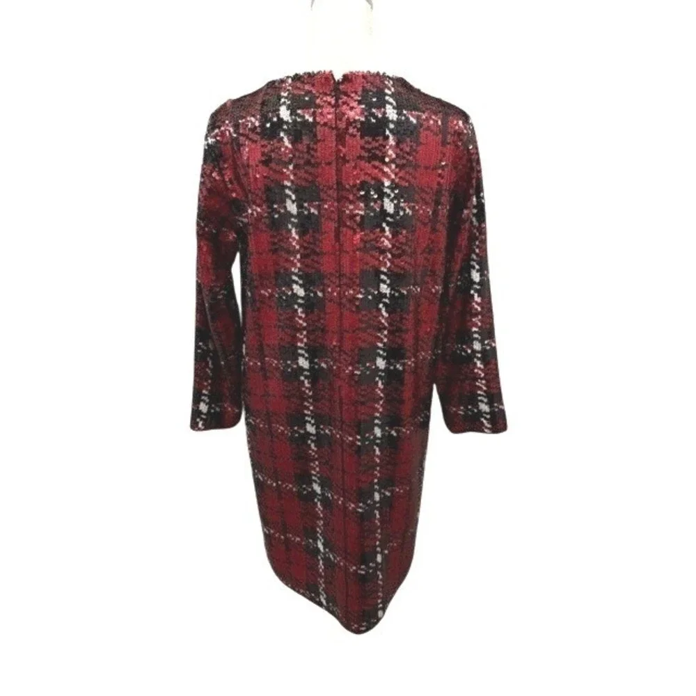 Tuckernuck Womens Medium Red Sequin Tartan Plaid Shift Dress 3/4 Sleeve Mini - Picture 3 of 9